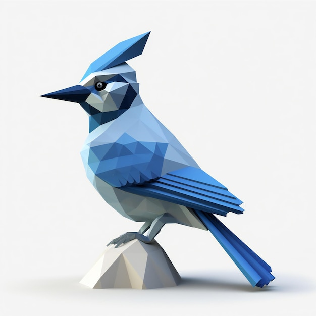 A blue bird is on a rock with a white background.
