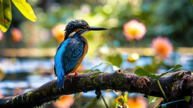 a blue bird is sitting on a branch with flowers in the background