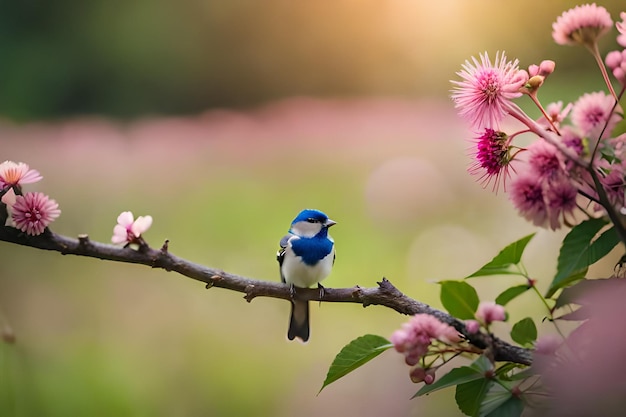 A blue bird is sitting on a branch with pink flowers in the background.