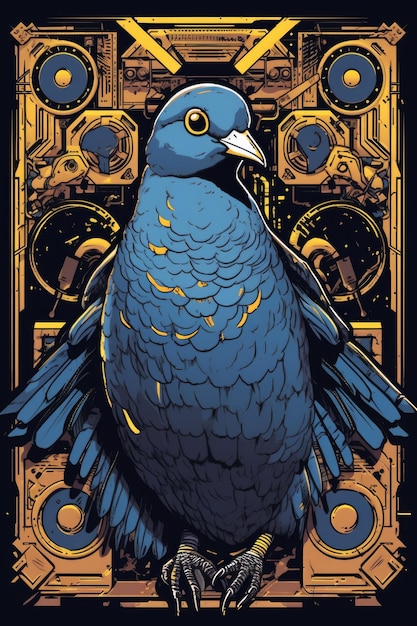 A blue bird is sitting in front of a gold and black poster.