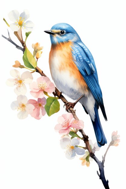 Photo blue bird perched on blossoming tree branch