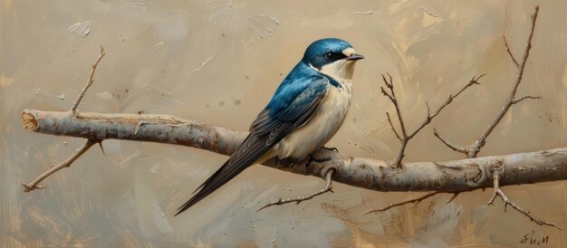 Photo blue bird perched on branch painting