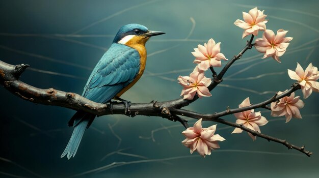 花がく枝に座っている青い鳥