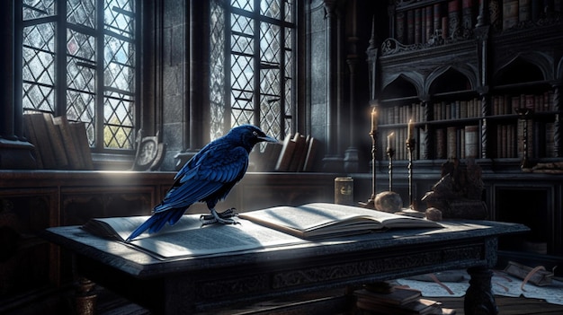 A blue bird sits on a book in front of a book.