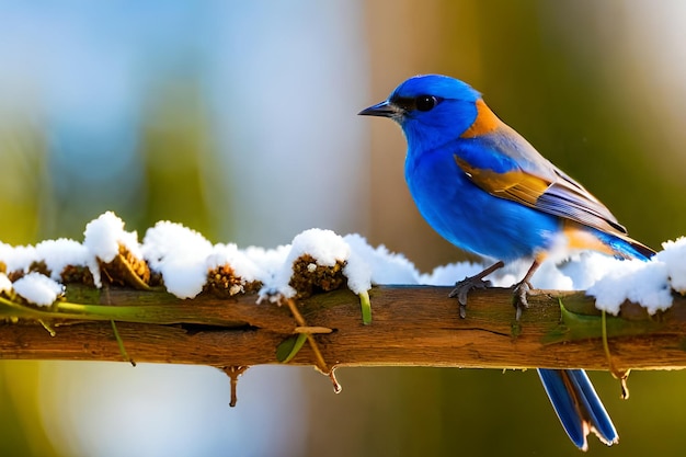 A blue bird sits on a branch covered in snow.