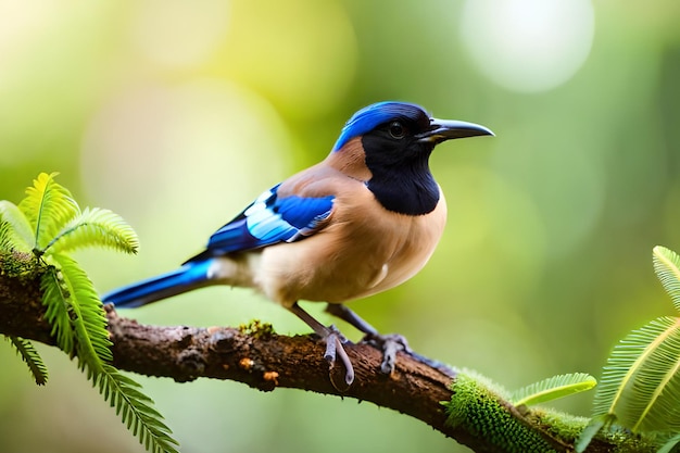 A blue bird sits on a branch in the forest.