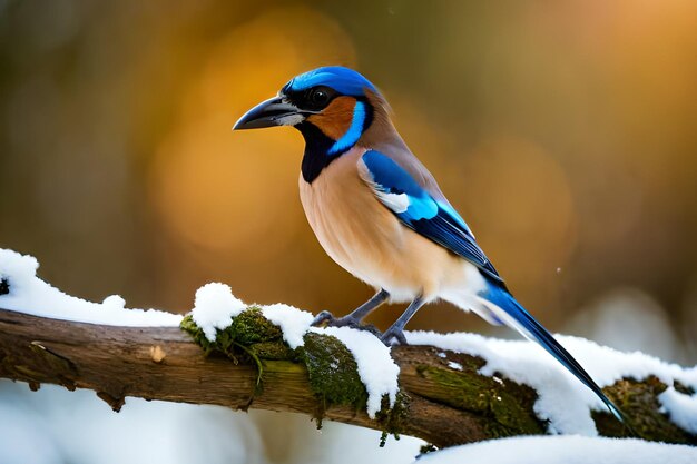 A blue bird sits on a branch in the snow.