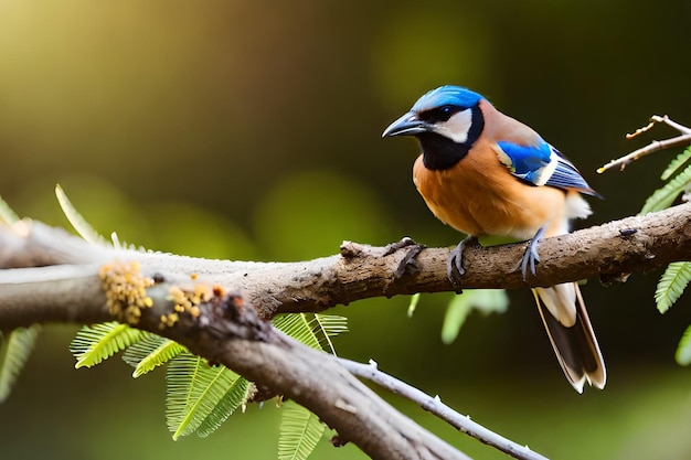 A blue bird sits on a branch with a blurred background.