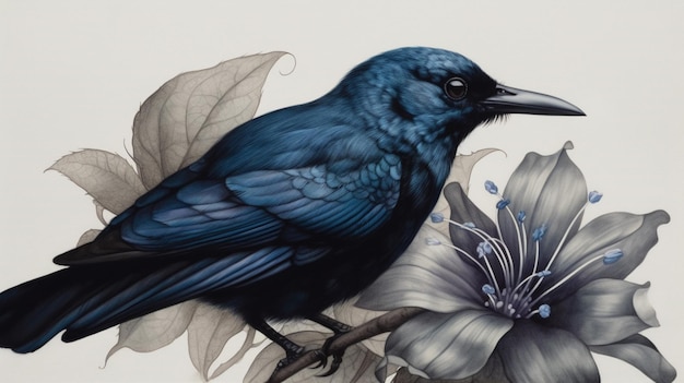 A blue bird sits on a branch with a flower.