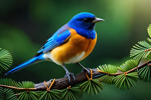 A blue bird sits on a branch with a green background.