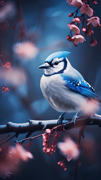 a blue bird sits on a branch with red flowers