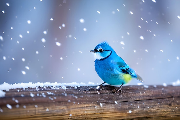 A blue bird sits on a fence in the snow ai generated