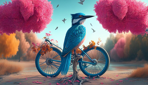 A blue bird sits on a tree with pink trees in the background