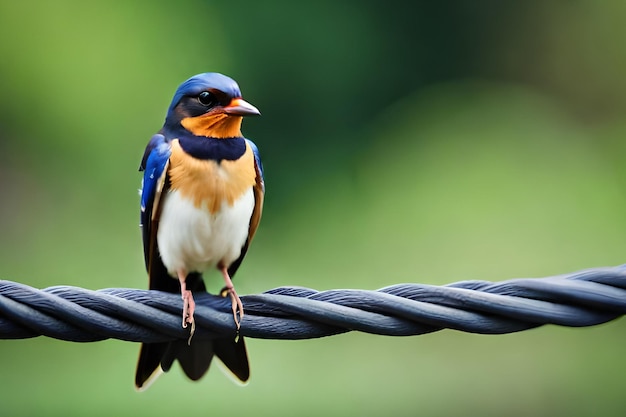 A blue bird sits on a wire with a green background.