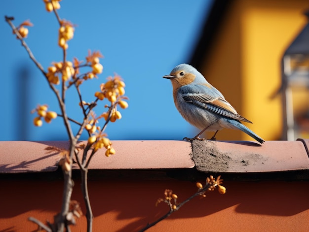 a blue bird sitting on top of a building