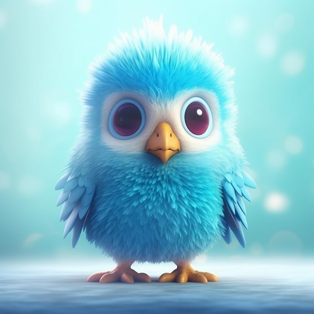Синяя птица с большими глазами и голубым клювом на голубом фоне.