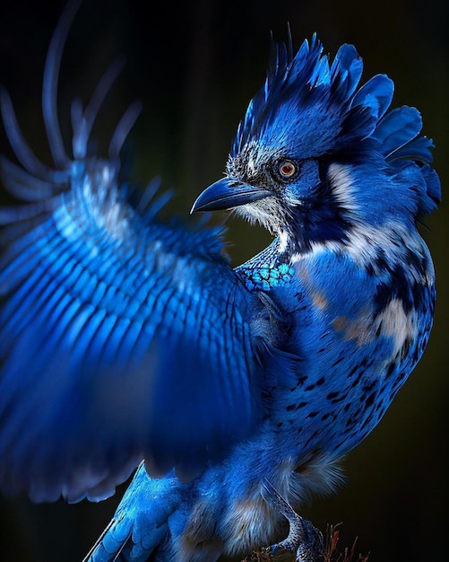 Foto un uccello blu con uno sfondo nero e uno sfondo nero.