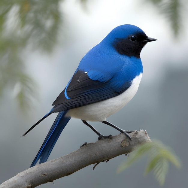 A blue bird with a black and white tail generated by ai