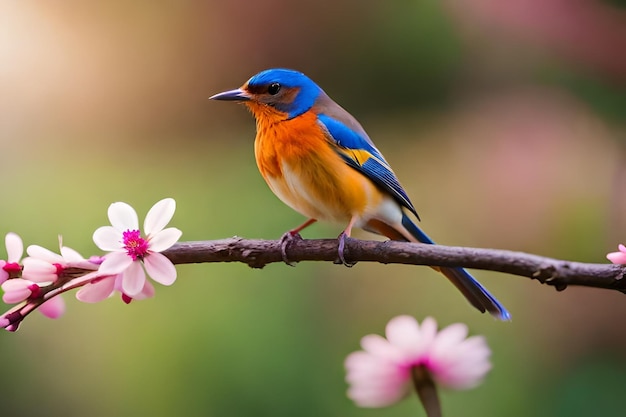 青い頭とオレンジ色の胸を持つ青い鳥が、ピンクの花が咲いた枝に座っています。