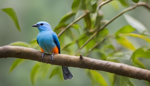 a blue bird with a blue and orange chest sits on a branch