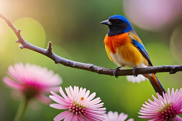 A blue bird with a blue and yellow feathers on it's head sits on a branch with a pink flower in the background