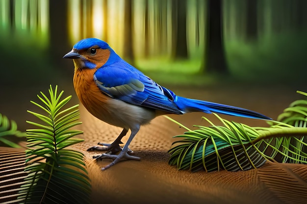 A blue bird with a green leaf in the background