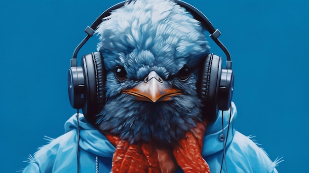 A blue bird with headphones and a hoodie