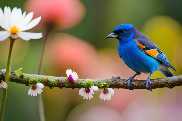 Photo a blue bird with orange and yellow feathers sits on a branch with flowers.