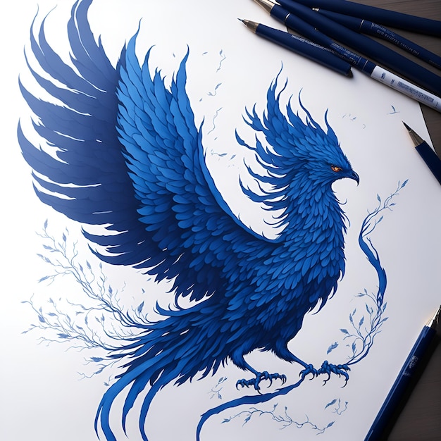 A blue bird with a pencil drawing of a phoenix.