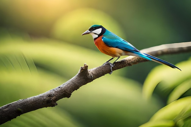 A blue bird with a red belly sits on a branch.