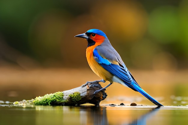 A blue bird with a red head sits on a branch.