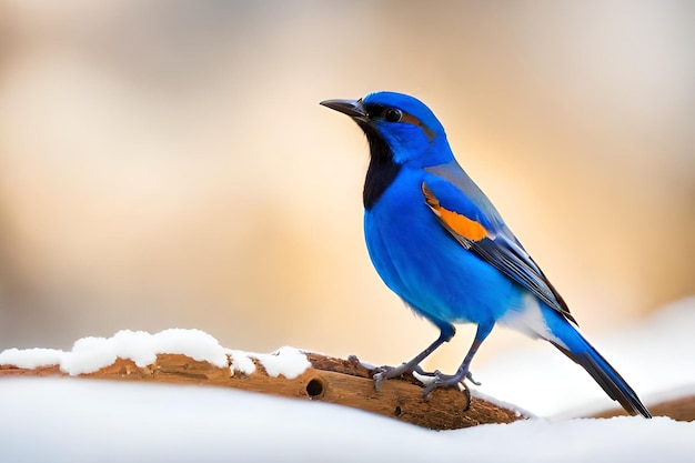 胸に赤い斑点のある青い鳥が雪の中の枝に座っています。