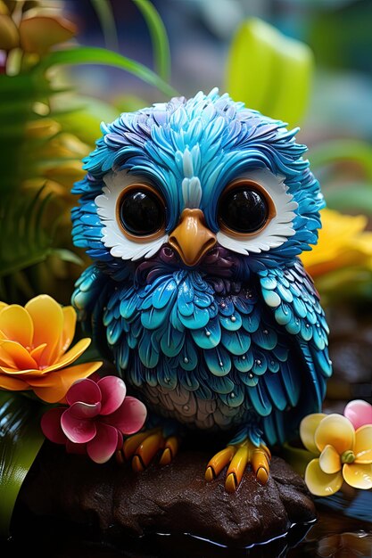 a blue bird with a white beak sits on a flower arrangement