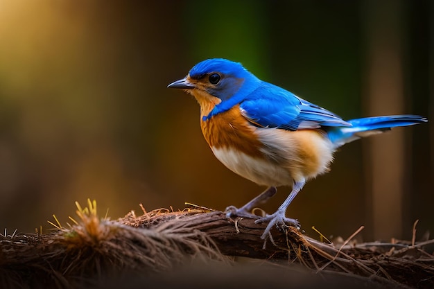 A blue bird with a yellow belly sits on a branch.