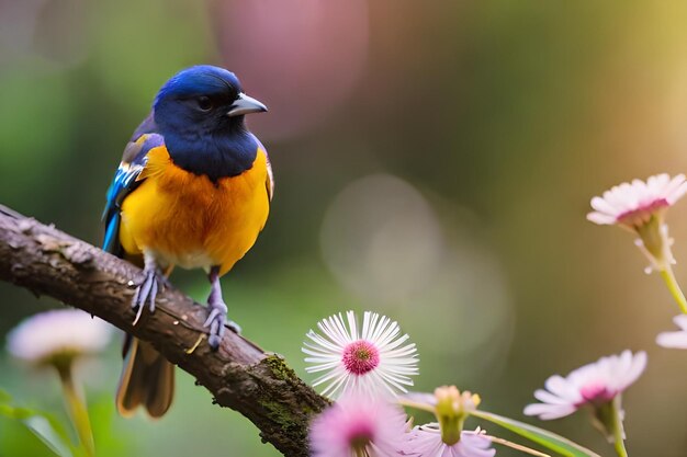 A blue bird with a yellow breast sits on a branch with flowers in the background