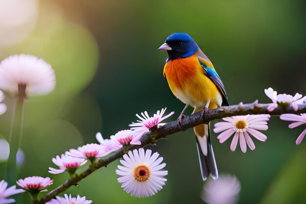 A blue bird with a yellow breast sits on a branch with flowers