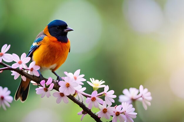 A blue bird with a yellow breast sits on a branch with pink flowers