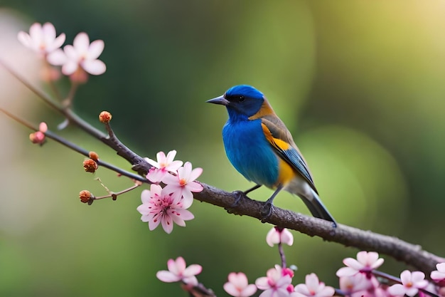 A blue bird with a yellow breast sits on a branch with pink flowers