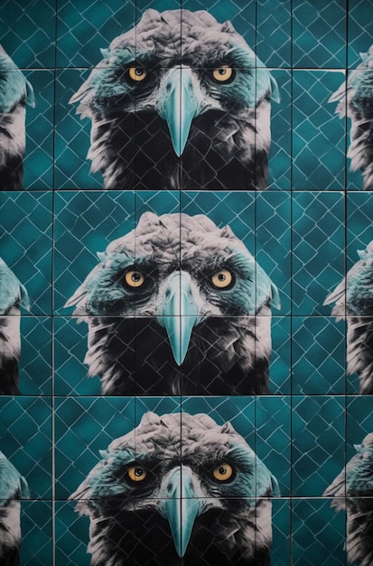 A blue bird with yellow eyes is on a tile wall.