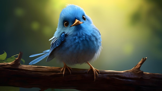 a blue bird with yellow eyes sits on a branch.