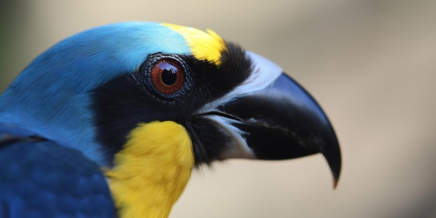 A blue bird with a yellow head and blue head is looking at the camera.