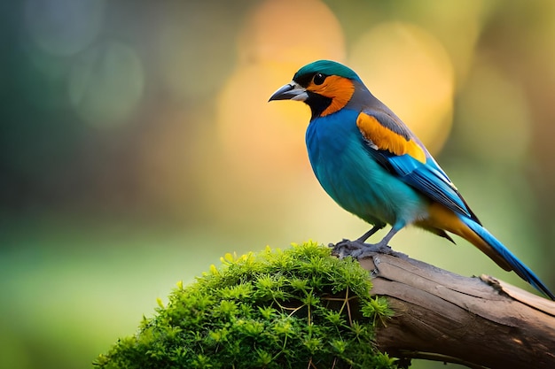 A blue bird with a yellow head and blue wings sits on a branch.