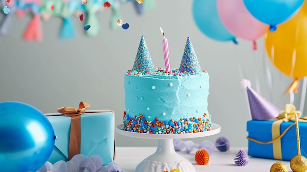 파란색 생일 케이크는 모자와 다채로운 풍선을 밝은 회색 위에 선물합니다.