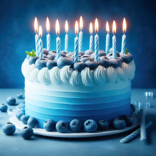 blue birthday cake with candles on a blue background ai generative