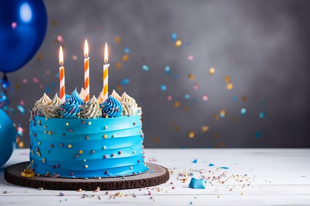 A blue birthday cake with candles on it copy space