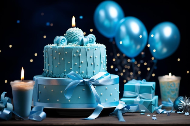 Blue birthday cake with gift