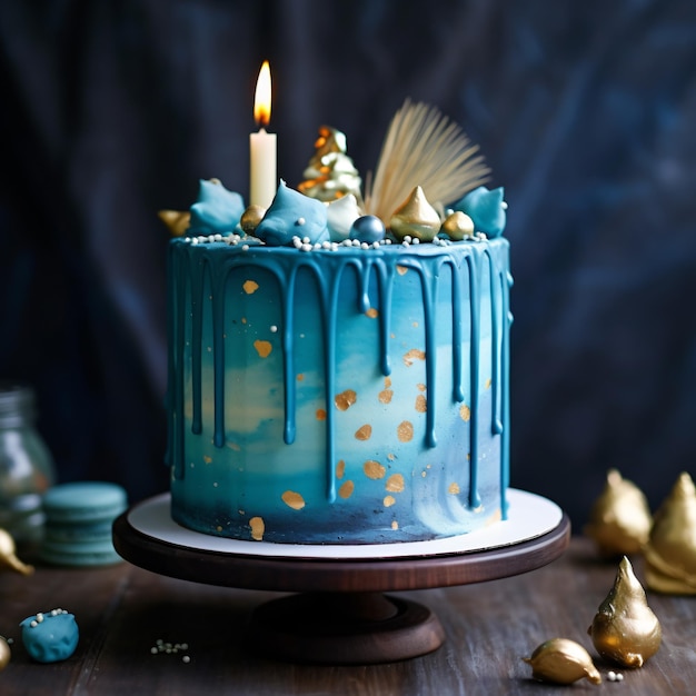 青い誕生日ケーキ