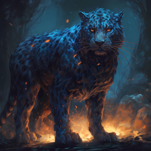 A blue and black animal with yellow eyes stands in a forest.