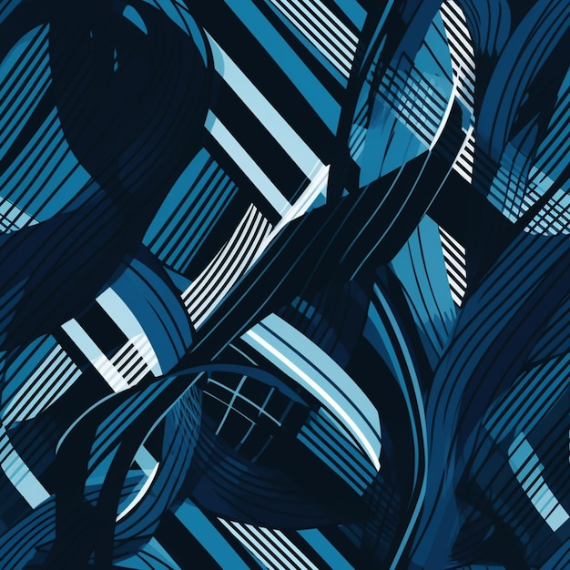 A blue and black background with a pattern of lines and shapes.