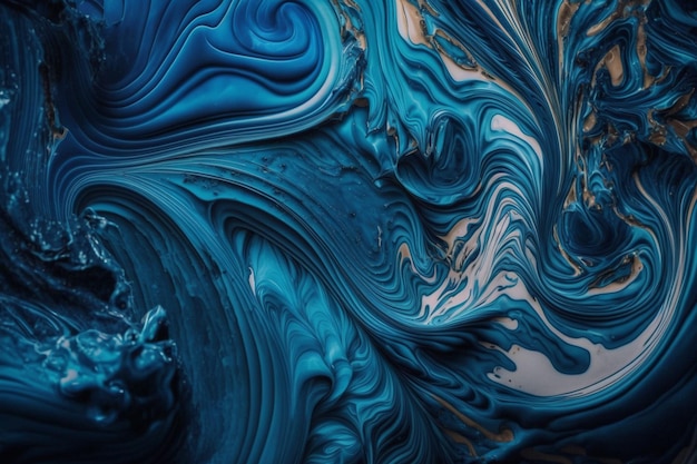 A blue and black background with a swirly pattern of paint.